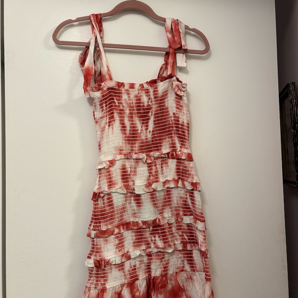Storia Orange/ Red  Tie Dye Smocked Ruffle Mini Dress S Teen - Picture 5 of 5